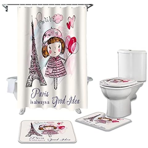 4 Pcs Shower Curtain Set with 12 Hooks Little Girl Balloon Retro Tower with Non-Slip Carpet Toilet Cover and Bath Mat Durable Waterproof for Bathroom Decor Set Cover