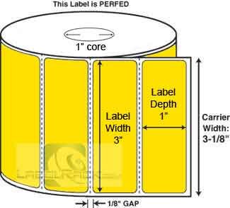 LabelRack 3" x 1" Floodcoated Thermal Transfer Labels with 4" O.D. Perfed Each, Wound Out, 1" Core, 1375 Labels/Roll, 12 Rolls/Case - Yellow