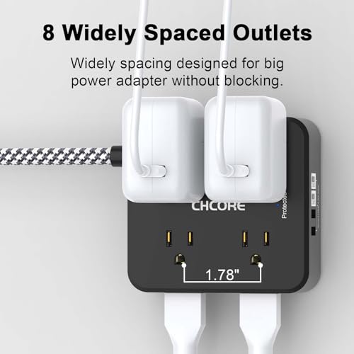 Image of Surge Protector Power Strip - CHCORE 5Ft Braided Extension Cord with 8 Outlets with 4 USB (2 USB C) Charging Ports, Flat Plug Multi Plug Outlet Extender Charging Station for Home Office, ETL, Black