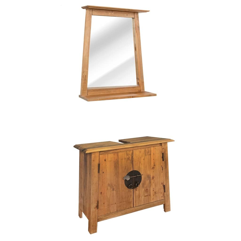 Zestaw mebli łazienkowych z litego drewna sosnowego z szafką pod umywalkę i lustrem, 70 x 32 x 63 cm, zestaw mebli łazienkowych w stylu vintage, zajmuje mało miejsca, z miejscem do