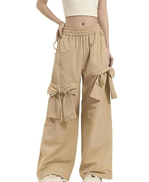 Girls High Rise Wide Leg Cargo Trousers, Loose Fit with Bow Detail, Khaki-image-1