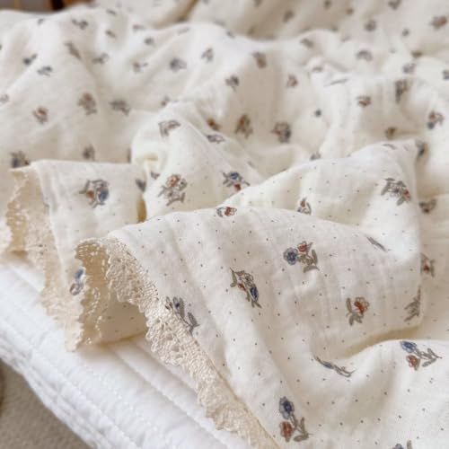 Image of BuLuTu Musiln Cotton Kids Quilt Twin Size Bed Blanket Chic Pansy Floral Print Comforter for Girls Boys Children Bedroom, Soft Breathable Kids Comforter with Lace Edges, 60x78 Inches
