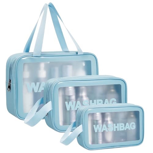 Aucuu 3PCS Bolsas Neceser Transparente, Neceser de Aseo Transparente, Bolsa de Cosméticos Impermeable con Cremallera, Viaje,Vuelo-Azul