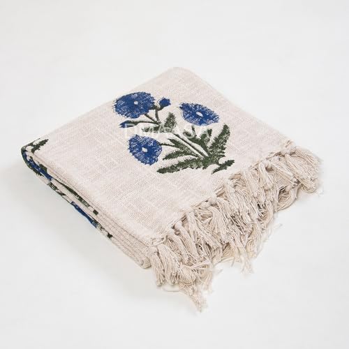 Image of Floral Cotton Throw Blanket - 50x70 Inch Handblock Print Sofa Throw - Boho Fringe Decorative Blanket for Couch, Bed & Living Room - Diwali Gift, Rakhi Gift for Sister (R-HBTH00114)