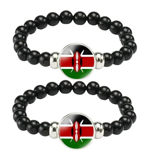 ZENRUIMING 2 braccialetti con bandiera del Kenya, braccialetti elastici fatti a mano, gioielli africani, souvenir turistico del Kenya, Adjustable, Resina Vetro, Nessuna pietra preziosa