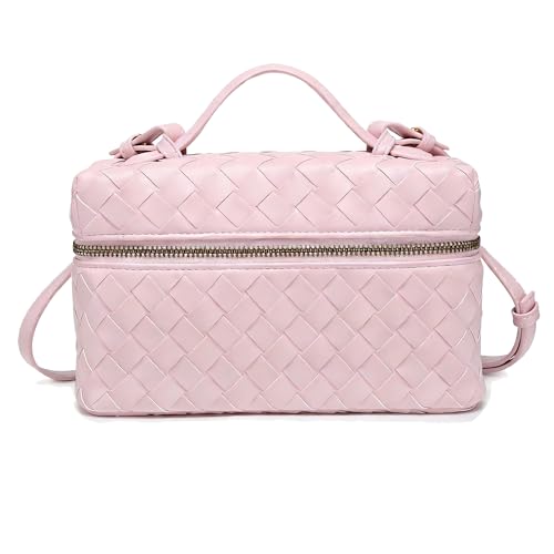 Image of Mini Woven Crossbody Purse Square Box Bags Top-Handle Tote Handbag Shoulder Bag Cute Satchels Trendy (Pink-B)