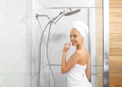 Solid Metal 3-Spray Dual Shower Head Combo with 12 Inch Adjustable Arm Extension, Brushed Nickel | Hand Held Shower Head with Hose, 8 Inch Rainfall, 3-Way Diverter and Shower Arm Extension