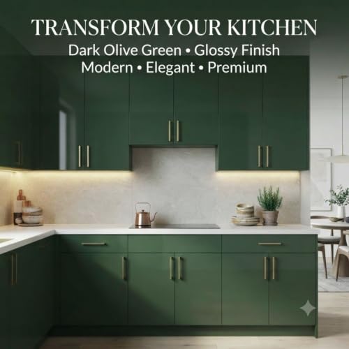 Image of WISDOM Olive Green Glossy Self Adhesive Wallpaper Peel and Stick Vinyl Contact Paper Waterproof, Oil Resistant & Easy to Clean Decorative Sheet for Kitchen, Wardrobe & Home Decor (20x48 in)