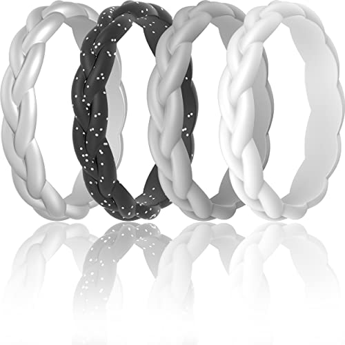 ThunderFit Silicone Wedding Bands for Women, Thin Braided Design 3.3mm Wide 1.8mm Thick - 1/4/7/8 Variety Multipack
