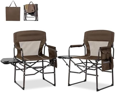 Outvita Camping Directors Chair Set of 2, Oversized Lightweight Camping Chair with Side Table ＆ Carry Bag, Folding Camp Chairs for Outdoor Lawn Fishing Sports, Heavy Duty, Supports 300lbs