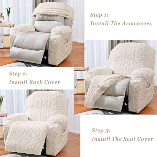 Image of JOKIVTOU Recliner Chair Covers 4-Pieces, Soft, Stretchable, White, Modern Home Decor, Furniture Protector with Elastic Straps Bottom, Storage Pocket on Arm Cover