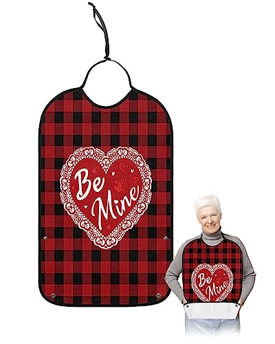 Valentines Love Heart Adult Bibs for Eating, Waterproof Bibs with Food Catcher & Adjustable Snap Closure, Black and Red Buffalo Plaid Washable Clothing Protectors Adult Bibs for Elderly Women/Men