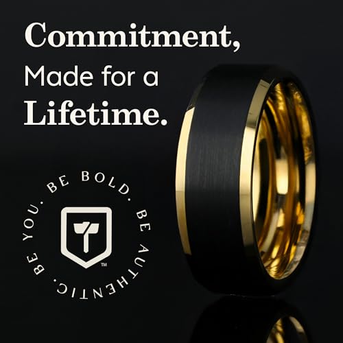 Thorsten Gaston Gold-Plated Tungsten Carbide Mens Wedding Ring – Flat Black Matte Brushed Inlay with Comfort Fit – Durable, Elegant Mens Wedding Band or Engagement Ring3