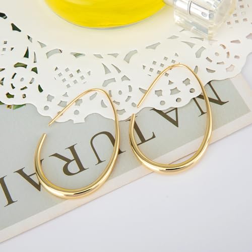 Image of Lightweight Teardrop Hoop Earrings for Women - 14k Gold /White Gold Plated Large Oval Pull Through Hoop Earrings High Polished Statement Jewelry Gift for Women