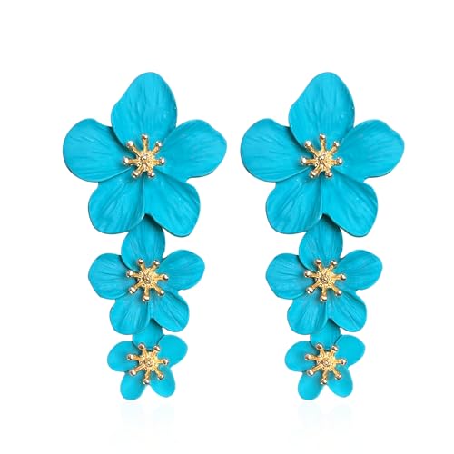 DUBFKBSH ボヘミアン デイジー フラワー マット フローラル ペタル ドロップ ダングル イヤリング 3 層 ティアード レディース シック ボヘミアン ウェディング ジュエリー (ホット ピンク)