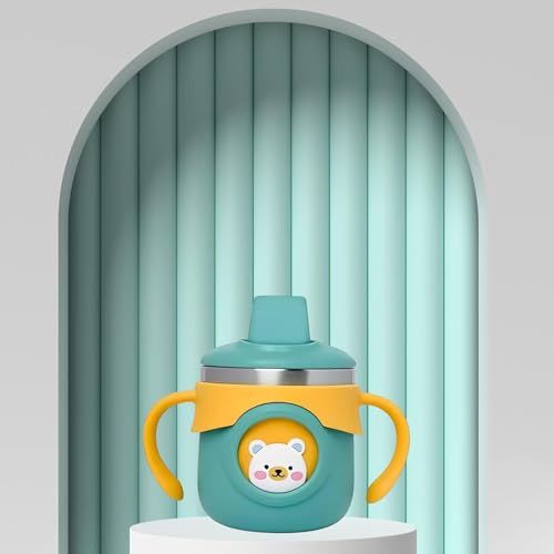 Image of THE LITTLE LOOKERS Stainless Steel Sipper Bottle 260ml | 316 Grade SS | BPA Free | Suitable for Hot & Cold | Travelling Bottle for Kids & Toddler | Training Sippy Cup with Straw /Spout (Green)