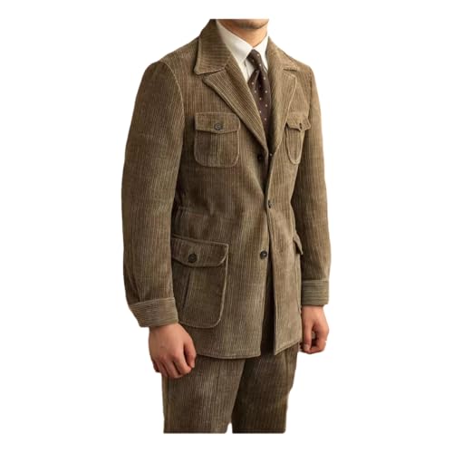 Men's Corduroy Safari Blazer Suit Military Style with Multi-Pockets