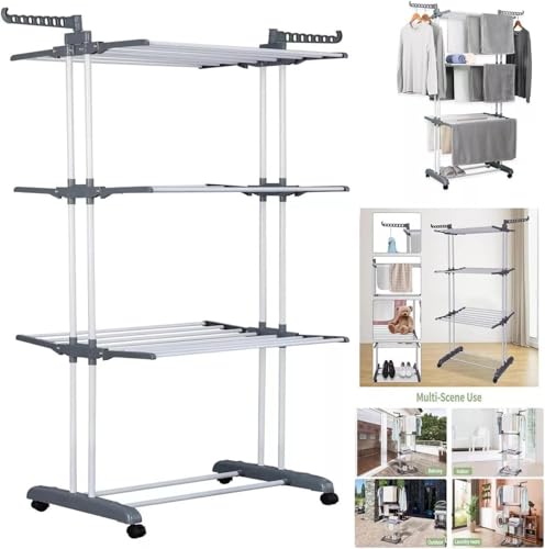 BURAKH 4-Tier Adjustable Stainless Steel Clothes Airer Drying Rack - Foldable (vertically), Rolling, Indoor & Outdoor Clothes Rail, Coat Stand, Laundry Hanging Rack - Image 2