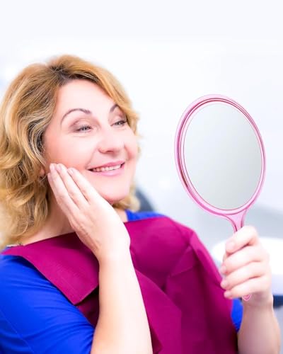 Image of Transparent Double‑Sided Hand Mirror 1X /5X Magnification - 5‑inch Round Acrylic Mirror with Handle & Hanging Hole - Lightweight Portable Makeup & Grooming Tool (Pink)
