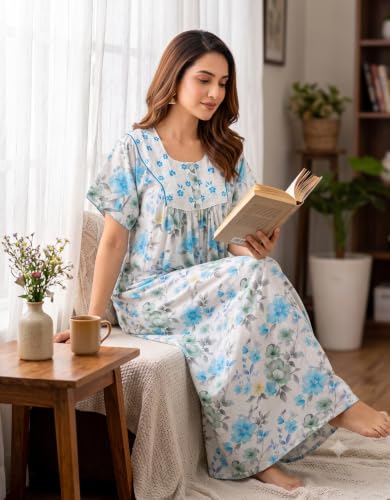 Image of Nighty| Nighty for Women Stylish| Night Gown for Women Stylish| Lightweight & Breathable Lizzy Bizzy Fabric| Elegant Embroidery Detailing| Digital Print|