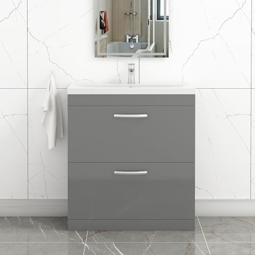 800mm Floor Standing Bathroom Vanity Unit Mid Edge Basin 2 Drawers Storage Cabinet Furniture - Indigo Grey Gloss