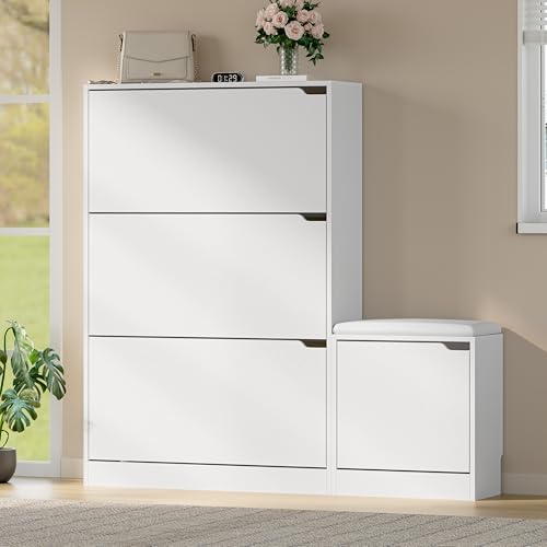 Image of BORNOON Shoe Cabinet with Bench and 3 Flip Drawers, Slim Narrow Shoe Storage Cabinet, Freestanding Shoe Rack Organizer with Adjustable & Removable Shelves, Anti-Tip for Entryway, Hallway, Foyer