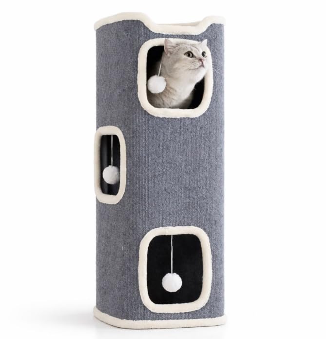 Tierschatz Katzenturm Kratztonne 3 Ebenen Kratzbaum 86cm hoch mit Spielbällen Kuschelhöhle Grau Groß Katzenhaus Katzenhöhle für Innenkatzen Rechteckiges Katzenhaus Hängespielzeug Indoor