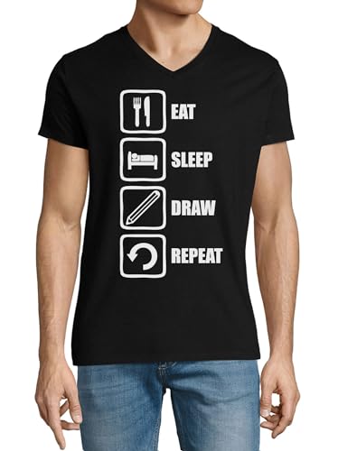 T-shirt col en V homme noir en coton premium au motif de crayon épuré
