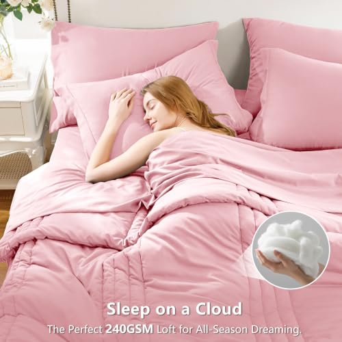 Image of CozyLux King Size Comforter Set Pink - 7 Pieces Bed in a Bag, Modern Vertical Quilted Room Decor, Soft All-Season Bedding Gift with Comforter, Sheets, Pillowcases & Shams