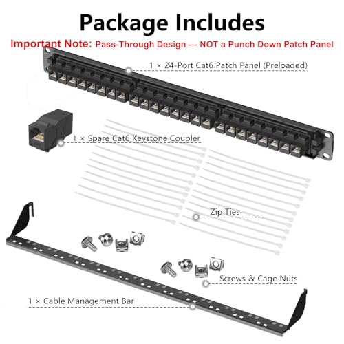 Image of Jadaol 24 Port Cat6 Patch Panel, RJ45 Coupler Feed-Through, 10Gbps Ethernet Patch Panel 1U, 19-Inch Rackmount with Removable Back Bar, Compatible with Cat5, Cat5e, Cat6 Cabling