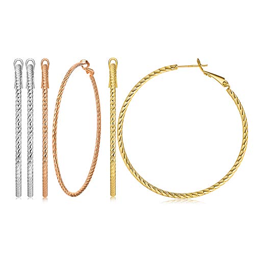 Big Hoop Earrings 14K Gold Plated 925 Sterling Silver Post Lightweight Gold Hoops for Women And Girl (3 pair: rose, white and yellow gold) 60mm