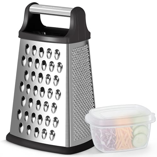 Ourokhome Cheese Grater, Handheld Box Grater with Container & Lid, 4-Sided Stainless Steel for...