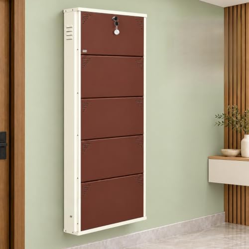 Image of DELITE KOM AIRO 24 inch 5 Shelf Metal Shoe Rack Wall Mounted for Home with Lock | Air-Vent Panels Keep Shoes Odour-Free | Holds 15 Shoes or 25 Slipper Pairs | 1Yr Warranty | 67x24x5 Ivory Coffee | DIY