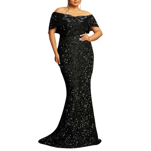 Women's Sexy Off Shoulder Short Sleeve Sequin Floor Length Bodycon Cocktail Evening Gown Party Maxi Dress