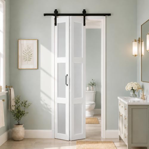 Image of Bifold Frosted Glass Barn Door 32 inchx84 inch with Hardware Included