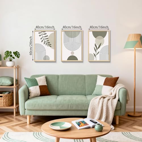 Impression Sur Toile Boho pour Salon, Set de 3 Tableaux Géométriques Vert et Gris - 2