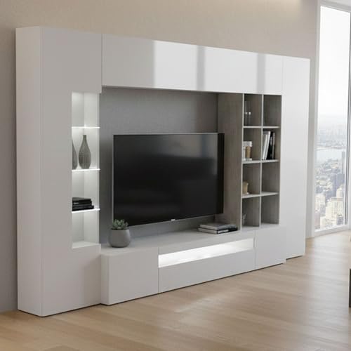 PARETE ATTREZZATA - Set salotto porta TV, Mobile soggiorno multiuso, 100% Made in Italy, cm 290x40h192, Bianco lucido e Cemento