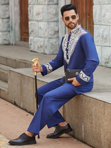 Pacinoble Mens African 2 Piece Set Metallic Traditional Suit Floral Printed Mens African Dashiki Shirt and Pants Outfit3
