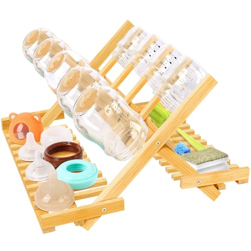 Image of MJZ Baby Bottle Drying Rack, Foldable Bamboo Bottle Rack Dryer Space Saving, Travel Vertical Portable Baby Bottle Storage Organizer for Countertop Baby Accessories
