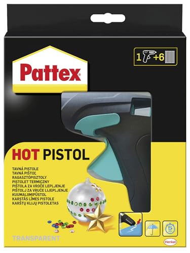 Pattex Heißklebepistole / Klebepistole mit mechanischem Vorschub und hitzeisolierter Düse / Set mit Pattex Heißklebepistole + 6 Klebesticks, Ø 11 mm