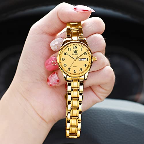 OLEVS Luxury Ladies Watches,Women's Watch with Day and Date,Female Watch for Small Wrist,Gold Stainless Steel Watches for Women,Easy Read Ladies Wrist Watches Waterproof(Adjustable Strap4