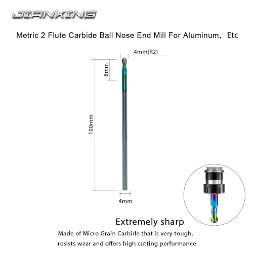 Image of 4mm R2 Extra Long DLC Coated 2-Flute Carbide Ball Nose End Mill, 100mm OAL, Ideal for Aluminum, Copper Alloys & Plastic Machining-High Precision & Wear-Resistant Cutting Tool (1 Pack)