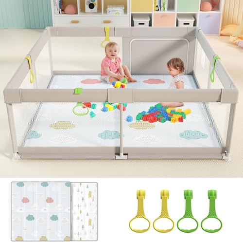 Julrrimg Baby Laufstall mit Matte - 150x150 cm XXL Laufgitter Baby Playpen mit 4 Ringen und AufbewahrungstascheGroß