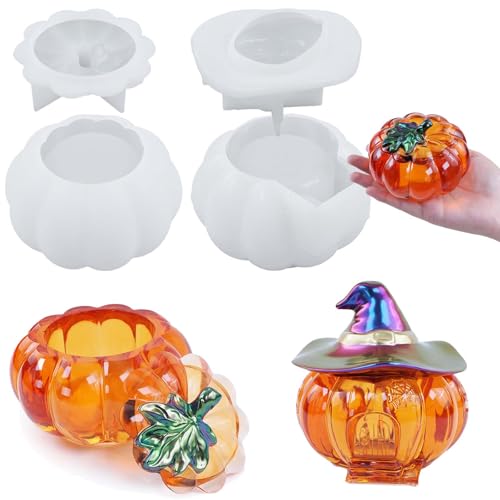 4 moldes de silicone para moldar abóbora WISIRENT, molde de silicone para abóbora, suporte para velas, moldes de silicone para outono, Halloween, abóbora com tampa para artesanato, sabão