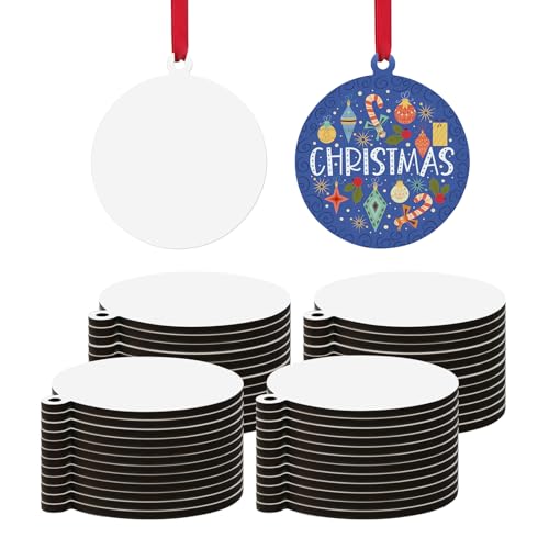 PYD Life 50 Pack Sublimation Ornaments Round Blanks 3 Inch Hardboard MDF Double-Sided Printable Bulk with Red Ribbon for Sublimation Personalized Christmas Tree Home Decor