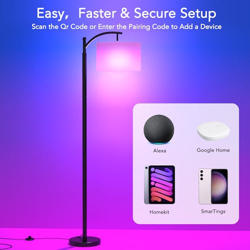 ROTTOGOON Floor Lamps with Matter Smart Light Bulb, RGB + Color Temperatures Bright Dimmable Smart Floor lamp, Living Room Standing Tall Industrial Floor Lamp (Beige Lampshade Included) -Black