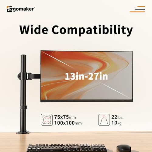 Image of ERGOMAKER Fully Adjustable Single Monitor Arm for Screen up 13 inch to 27 inch | Monitor Mount with Steel Frame Supports Up To 10KG; Two mounting options and Adjustable Tilt /Rotation For Optimal Viewing