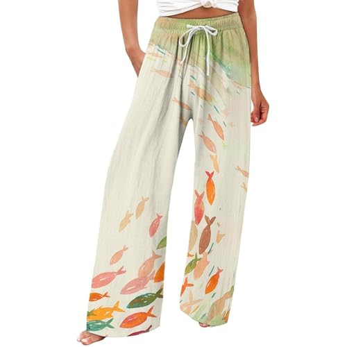 Women Linen Casual Pants Prints Wide Leg Lightweight Holiday Flowy Pant Drawstring Elastic Waisted Summer Palazzo Pants