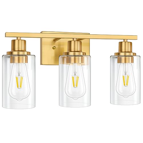 Image of Gold Bathroom Wall Lights Brushed Brass 3-Light Vanity Light Fixtures Modern Wall Sconces with Clear Glass Shade, Bathroom Wall Lamp for Mirror Kitchen Bedroom Hallway Cabinet Porch