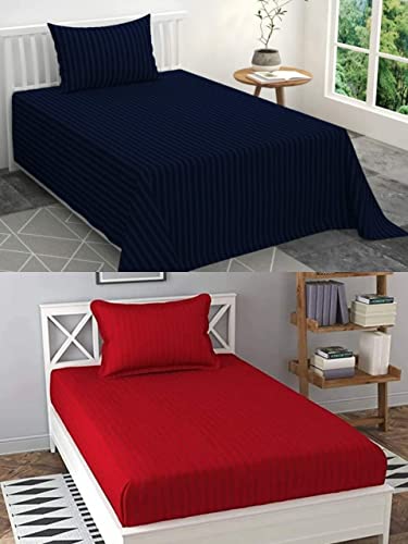 Image of Prime Collection 280 TC Combo Pack of 2 Single Sized (90x60) Satin Striped Bedsheet with 2 Pillow Cover Long Lasting Single Bedsheet for Hotel, Hospital and Home Use